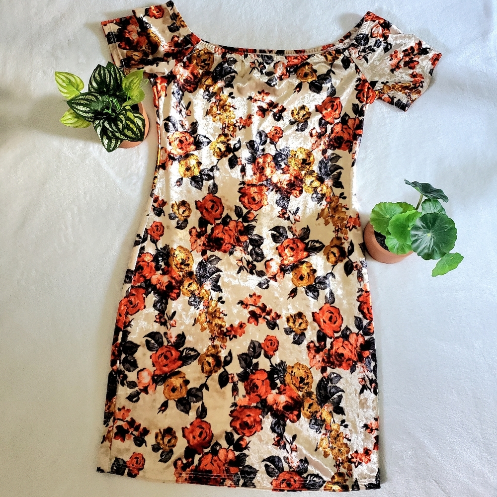 Mind Code Floral Velvet Off Shoulder Dress